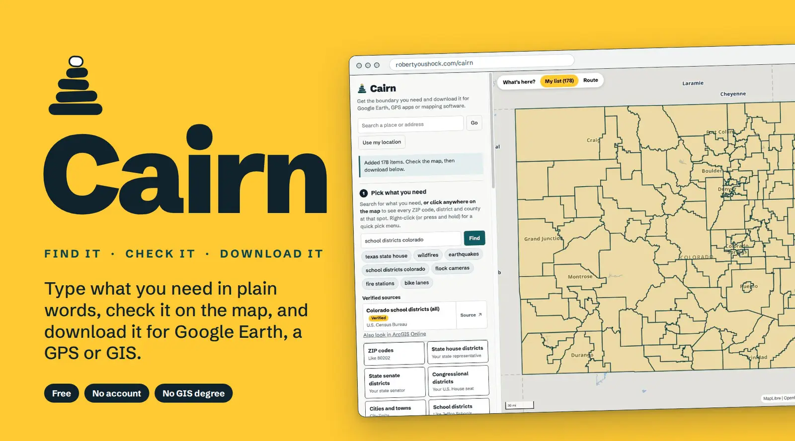 Cairn: a search panel on the left and a map of Colorado school districts on the right
