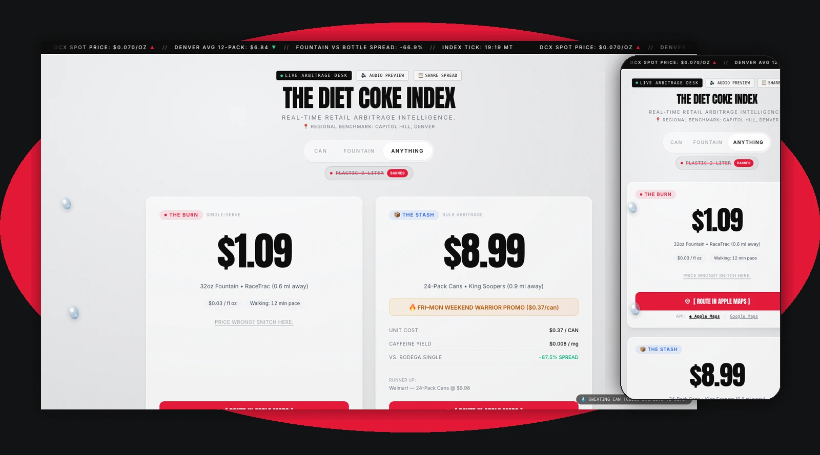The Diet Coke Index: financial terminal interface on desktop and mobile