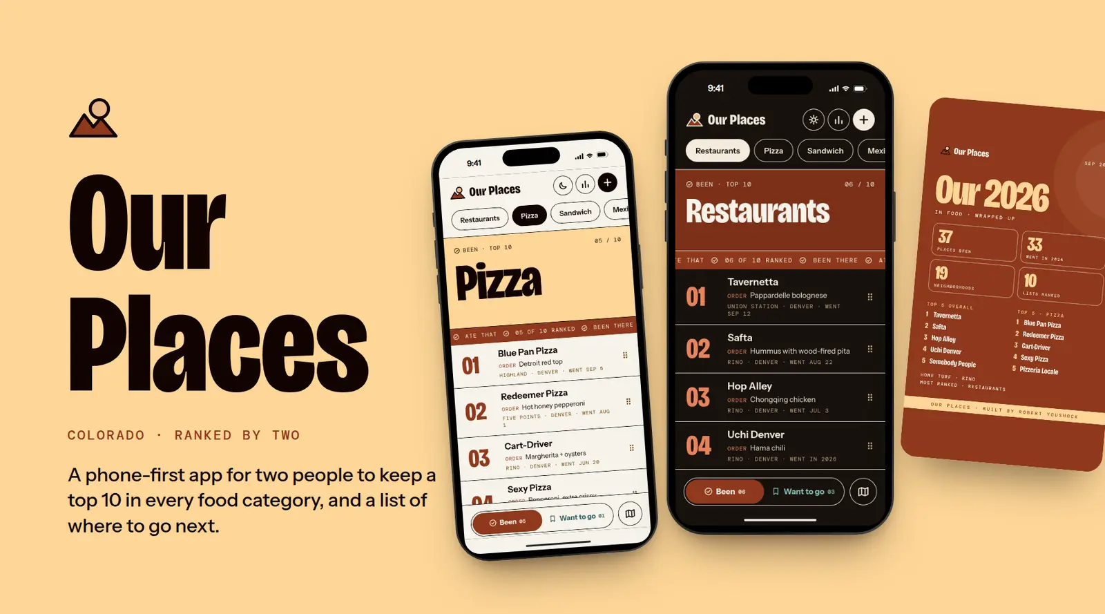 The Our Places app on three phones